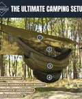 Ultralight Camping Hammock Underquilt With Sorona Insulation for winter camping setup in forest with tarp and bugnet