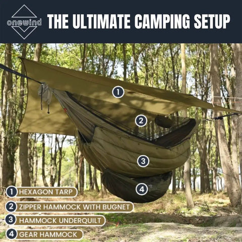 Ultralight Camping Hammock Underquilt With Sorona Insulation for winter camping setup in forest with tarp and bugnet
