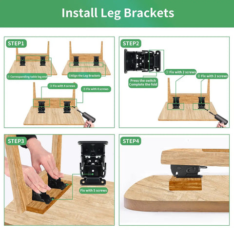 Installation steps for Four Pack Folding Table Leg Brackets Adjustable Zero To Ninety Steel Hinges For Workshop Tables Desks.