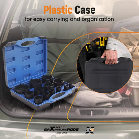 Open plastic case with 13 Piece Spindle Nut Socket Set For KM Groove Nuts Lock Nut Removal And Installation On Ball Joints And Axles