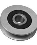 CNBTR steel cable pulley with bearing, front view; silver wheel with black bearing race, 12x50x13mm
