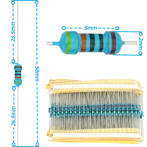Resistor assortment kit: metal film axial resistors, blue-green color bands, 2600 pcs, 1/4W 1% for Arduino PCB DIY