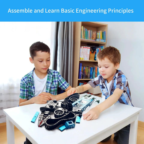 Robotic arm kit components for STEM toy on table; two kids assemble at home
