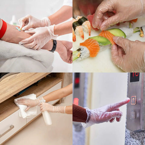Top Shelf Disposable Clear Vinyl Exam Gloves Medical Grade Xl 100 Count Pack used in medical care, food preparation, cleaning, and touching surfaces.