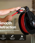 Heavy Duty 3/8 Inch x 50 Ft Air Hose Reel with Industrial Steel Construction showing auto-rewind system and smooth retraction