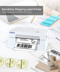 Bluetooth 4x6 Thermal Shipping Label Printer Workhorse For Small Business, Wireless Label Printer For Amazon Shipments, shown in use with various labels.
