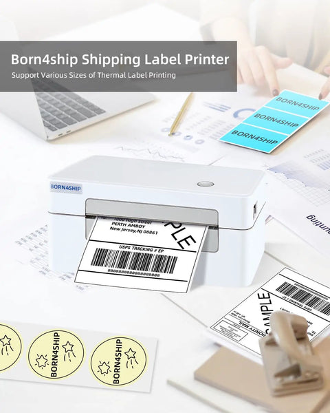 Bluetooth 4x6 Thermal Shipping Label Printer Workhorse For Small Business, Wireless Label Printer For Amazon Shipments, shown in use with various labels.