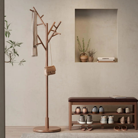Solid Wood Coat Rack Freestanding Tree With 12 Hooks And 3 Height Levels Adjustable Coat Stand For Entryway Or Bedroom A Real Game Changer For Coats Hats Bags And Scarves Walnut Finish in modern living space