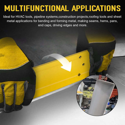 Close-up of Beast 12 Inch Sheet Metal Folding Tool for HVAC duct work showing metal bending application.