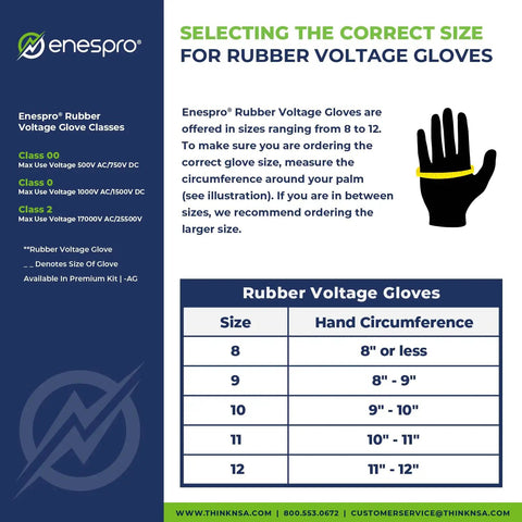 Sizing guide for Class 0 Yellow Rubber Voltage Insulating Gloves, 11 Inch, Max Use Voltage 1000V AC / 1500V DC, with leather protectors.
