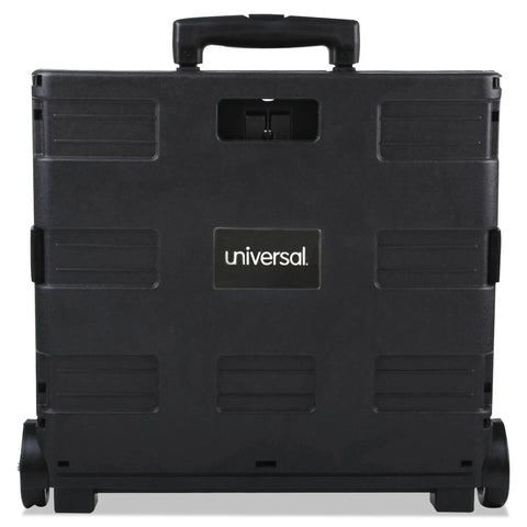 Front view of Collapsible Rolling Storage Crate With Telescoping Handle, 1.7 Cu Ft Capacity, Folds Flat To 3.5 Inches.