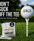 Golf ball on "Don’t Suck" tee with PureFlight Tech pack, Dont Suck Golf Tees Pack Of 50 With Durable Four Prong Design And PureFlight Tech