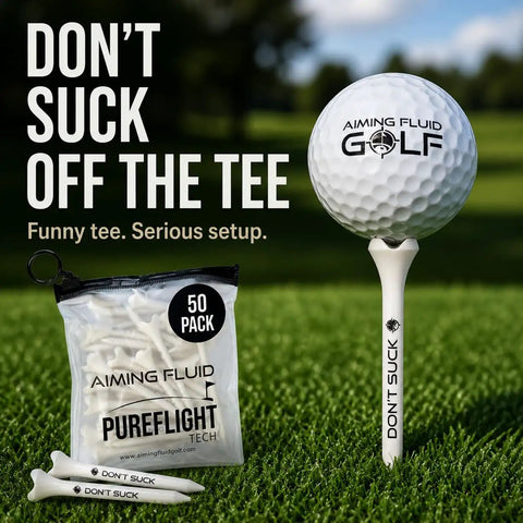 Golf ball on "Don’t Suck" tee with PureFlight Tech pack, Dont Suck Golf Tees Pack Of 50 With Durable Four Prong Design And PureFlight Tech