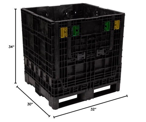 Rugged Collapsible Bulk Storage Container Featuring Four Way Forklift Access And Two Drop Doors Standard Duty Stacking Pallet Box dimensions 34x30x32 inches.