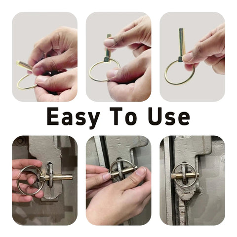 Demonstration of Six Piece 6mm Lynch Pin Assortment Kit With Retaining Ring 45mm Length For Farm Tractors in use, easy to handle.