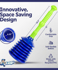 Innovative Pro Grade Kitchen and Bathroom Sink Plunger with large blue bellows and green handle for fast clog removal.