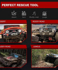 Image of Heavy Duty Synthetic Winch Rope Three Eighths Inch By Eighty Five Feet With Winch Jacket Rope And Sleeve Protection, 26000 Lbs Break Strength, Lightweight, Floats In Water, No Kink Or Split, Ideal For 4x4 Off Road Jeeps ATVs UTVs SUVs Trucks in various terrains like desert, rocky road, muddy road, and jungle.