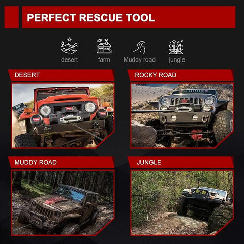 Image of Heavy Duty Synthetic Winch Rope Three Eighths Inch By Eighty Five Feet With Winch Jacket Rope And Sleeve Protection, 26000 Lbs Break Strength, Lightweight, Floats In Water, No Kink Or Split, Ideal For 4x4 Off Road Jeeps ATVs UTVs SUVs Trucks in various terrains like desert, rocky road, muddy road, and jungle.