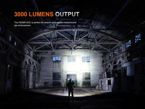Beast 3000 Lumen Rechargeable Tactical Flashlight illuminating an abandoned warehouse interior, showcasing beam strength and range.