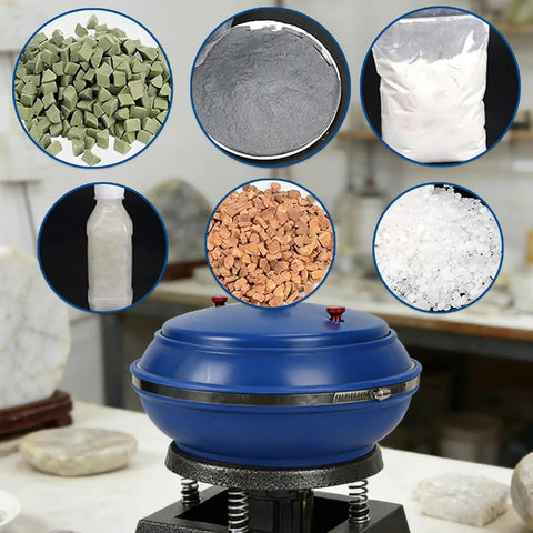 6L Electric Vibratory Tumbler For Polishing And Rust Removal with accessories for jewelry and metal parts, blue machine in workshop