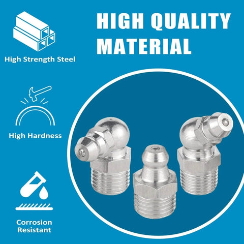 High strength steel fittings from 337 Piece SAE And Metric Grease Fittings Replacement Kit With One Quarter Inch And One Eighth Inch Zerk Fittings, M6 And M10, Straight, Forty Five And Ninety Degree, Plastic Fitting Caps, Wrench Kit Seven To Eleven Millimeter, Two Piece Red Multi Tools.