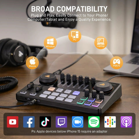Podcast Gear Bundle With Dual XLR Inputs And USB C Audio Interface Mixer displaying broad device compatibility icons