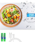 Digital Kitchen Scale 33Lb Capacity With High Precision Sensors Tare And Unit Conversion LCD Display A Must Have For Baking Cooking And Meal Prep Easy Read White Finish, showing a bowl of salad on scale with batteries and USB cable included