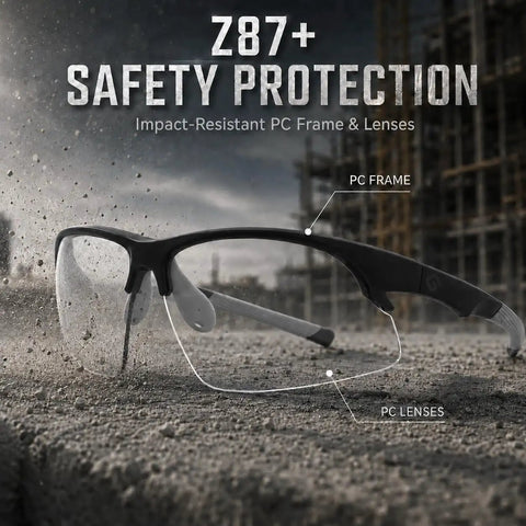 Hardcore Photochromic Safety Glasses With Slick Adaptive Lenses And Uv400 Shield For Serious Eye Protection During Cycling Diy Tasks And Outdoor Jobs Built Damn Tough For All Day Wear In Storm Gray Blue showing impact-resistant PC frame and lenses.