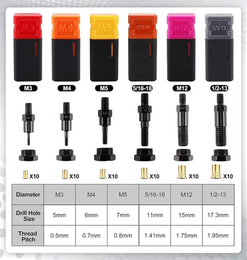 Front view of a 6-piece rivet nut mandrel set with color-coded caps (M3, M4, M5, 5/16-18, M12, 1/2-13)