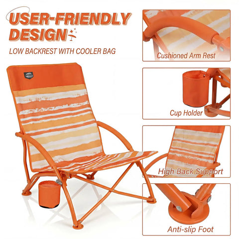 Two Pack Low Beach Chairs For Adults Folding Recliner Camping Chairs With Cup Holders Lightweight Low Seat Chairs, orange striped