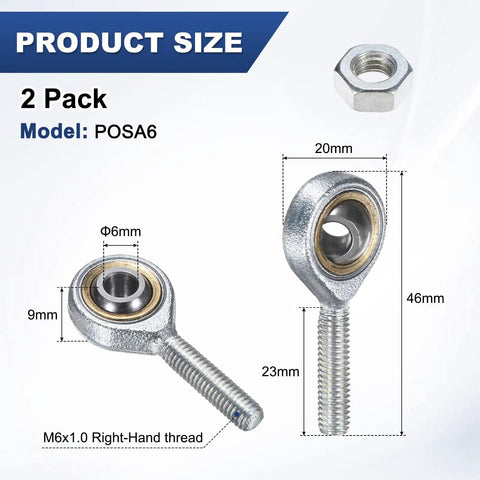 2-Pack POSA6 Rod End Bearings M6x1.0 Right Thread Self-Lubricating Female Thread Steel Joint With Jam Nuts For Forging Machines, Heavy-Duty CNC Equipment, Automotive Suspensions, Hydraulic Cylinders And General Motion Control, 6mm bore
