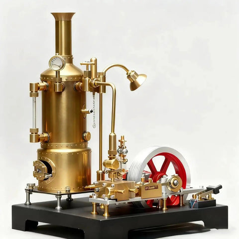 Totally Hands On Mini Steam Engine Kit With Full Boiler System, Generator And Lighting, A Realistic Metal Stationary Mill Model For DIY Engineers, Adults, And Collectors Who Love Vintage Industrial Tech, brass boiler with red flywheel