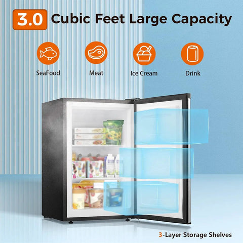 Top Tier Upright Mini Freezer With 3.0 Cubic Foot Storage And Brushed Stainless Steel Build delivers easy access to ice cream and meat.