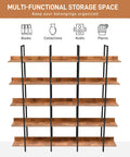 Five Tier Industrial Bookcase With Black Metal Frame And Brown MDF Shelves, Space Saving Storage Organizer for versatile use.