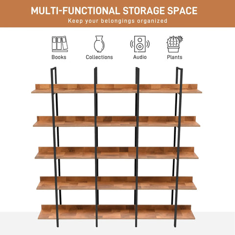 Five Tier Industrial Bookcase With Black Metal Frame And Brown MDF Shelves, Space Saving Storage Organizer for versatile use.