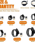 Premium 60 Count Stainless Steel Adjustable Worm Gear Hose Clamps In Matte Black Fit 6 To 38mm Pipes And Hoses For Heavy Duty Auto And Industrial Projects That Need Rock Solid Grip. Size chart with black adjustable hose clamps for 6-38mm pipes.