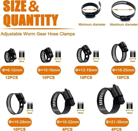 Premium 60 Count Stainless Steel Adjustable Worm Gear Hose Clamps In Matte Black Fit 6 To 38mm Pipes And Hoses For Heavy Duty Auto And Industrial Projects That Need Rock Solid Grip. Size chart with black adjustable hose clamps for 6-38mm pipes.