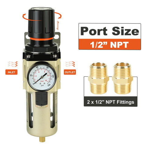 Half Inch Air Compressor Filter Regulator Combo With Brass Five Micron Filter Element, Water And Oil Trap, Pressure Gauge