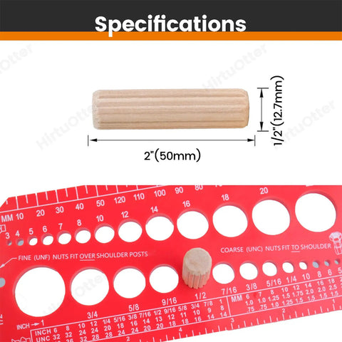 100 Count Solid Wood Dowel Pins Half Inch By Two Inch Kiln Dried Hardwood Fluted Beveled next to measuring guide for specifications.