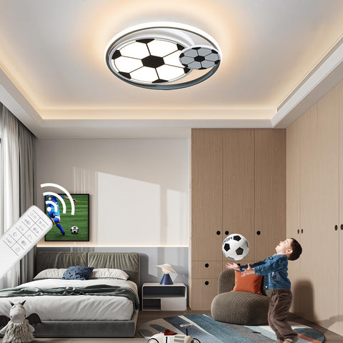 Cool Soccer Ball LED Ceiling Light For Kids Room And Bedroom, Dimmable Flush Mount Fixture With Remote above bed in boy's room