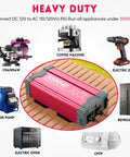 Heavy Lifter Three Thousand Five Hundred Watt Pure Sine Wave Power Inverter And Twelve Vdc To One Twenty Vac Converter, shown powering various appliances.