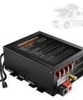 Dang Tough 55 Amp RV Power Converter With Built In Four Stage Smart Battery Charger 110V AC To 12V DC, rear view with connection ports.