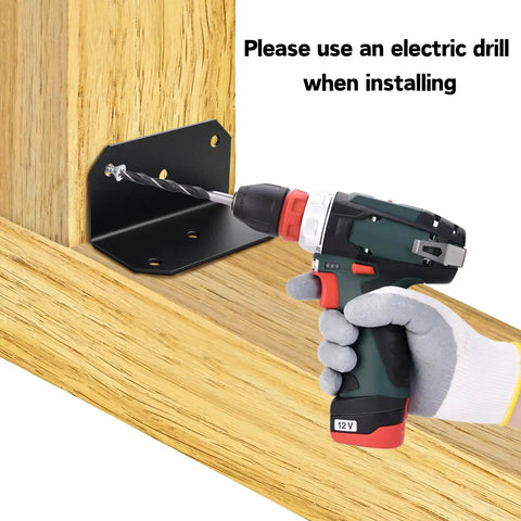 Installation of Heavy Duty Steel L Brackets using a power drill on wooden support for woodworking projects.