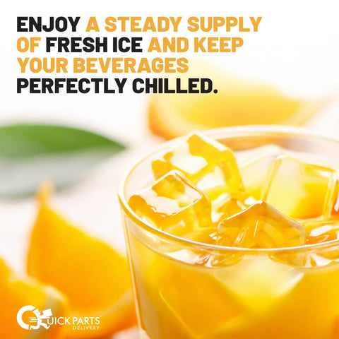 Image of a refreshing beverage with ice cubes, promoting the use of Ice Maker Replacement Kit For Refrigerators Side By Side And Top Mount Models Compatible With Frigidaire GE Kenmore White Westinghouse Electrolux Brushless Motor Delivers Up To Eight Ice Cubes Per Cycle.