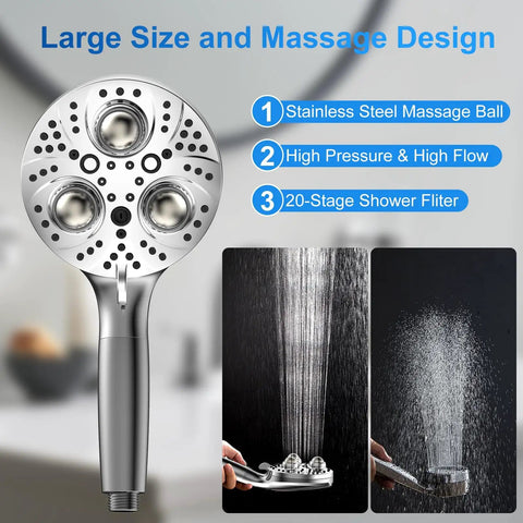 Filter Handheld Shower Head For Residual Chlorine Removal 10 Spray Modes Massage Showerhead with stainless steel massage balls