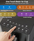 Hella Smooth 20 Bar Automatic Espresso Machine Featuring Built In Grinder And One Touch Brew showing control panel with buttons for beverages.