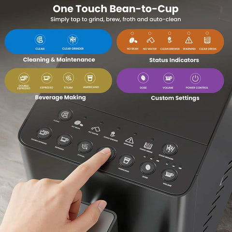 Hella Smooth 20 Bar Automatic Espresso Machine Featuring Built In Grinder And One Touch Brew showing control panel with buttons for beverages.
