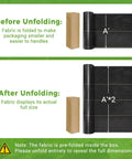 Before and after unfolding Six Foot By Three Hundred Foot Premium Weed Barrier Landscape Fabric showing package and full size