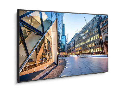 86 Inch 4K UHD Screen With Straight Fire HDR Clarity Built For Bold Digital Signage Displays And Modern Workspaces showing cityscape.