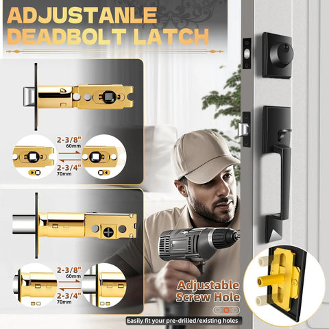 Matte Black Front Door Handle Set With Single Cylinder Deadbolt Exterior Door Lock System showing adjustable latch.